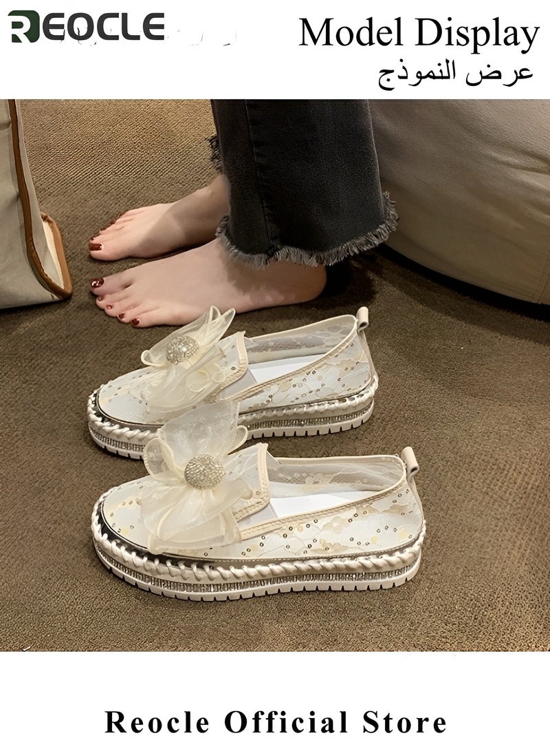REOCLE Women's Loafers Glitter Bow Mesh Platform Shoes Rhinestones Shoes Breathable Mesh Shoes Casual Walking Shoes Soft Lightweight Shoes for Daily Wear - Image 5