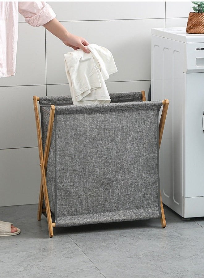 MIXDE Bamboo Laundry Hampers, Portable and Collapsible Folding Clothes Laundry Basket Storage with Removable Liner Bag, for Hotel and Bathroom Usage X Frame Laundry Baskets (Grey) - Image 1