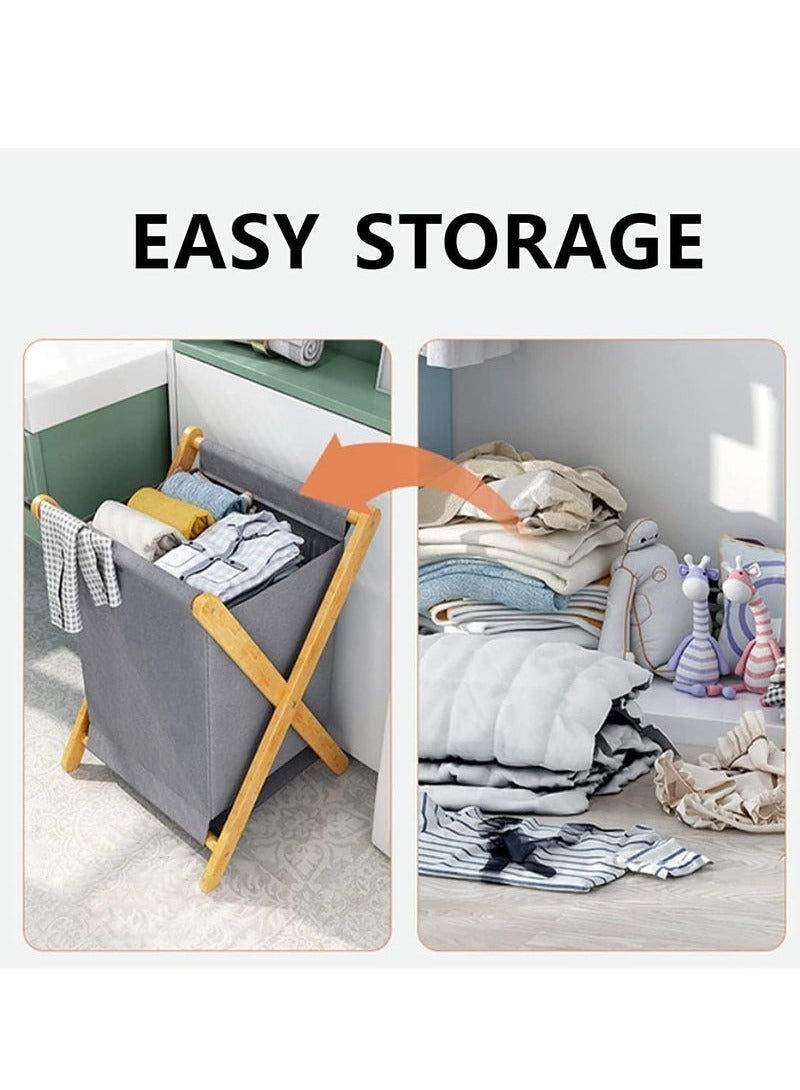 MIXDE Bamboo Laundry Hampers, Portable and Collapsible Folding Clothes Laundry Basket Storage with Removable Liner Bag, for Hotel and Bathroom Usage X Frame Laundry Baskets (Grey) - Image 3