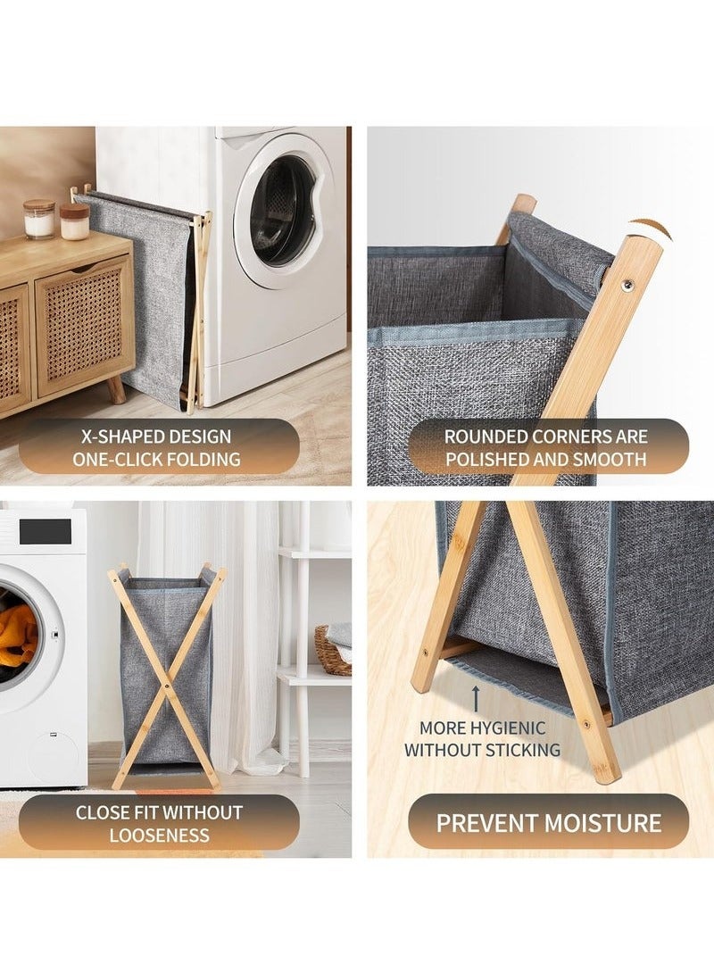 MIXDE Bamboo Laundry Hampers, Portable and Collapsible Folding Clothes Laundry Basket Storage with Removable Liner Bag, for Hotel and Bathroom Usage X Frame Laundry Baskets (Grey) - Image 5