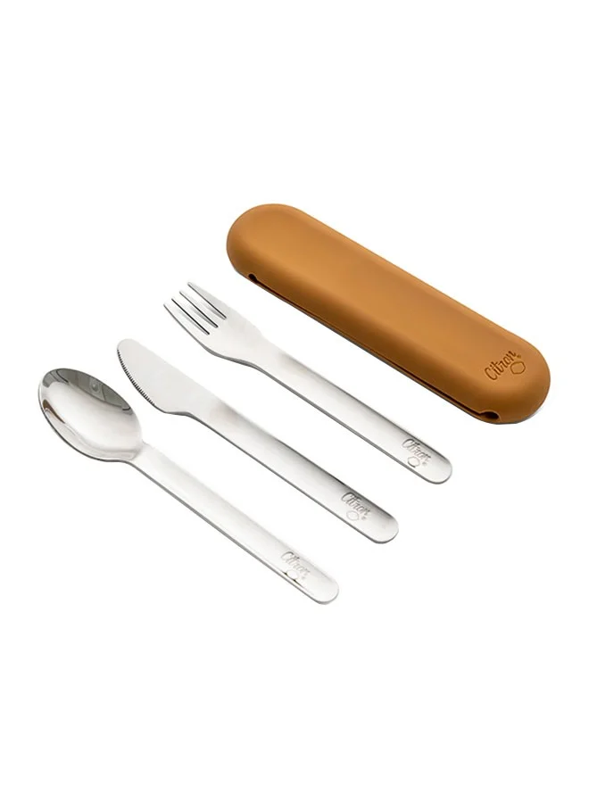 Citron Stainless Steel Cutlery Set With Pouch, Eco - Friendly Utensils For On The Go Dining - Caramel