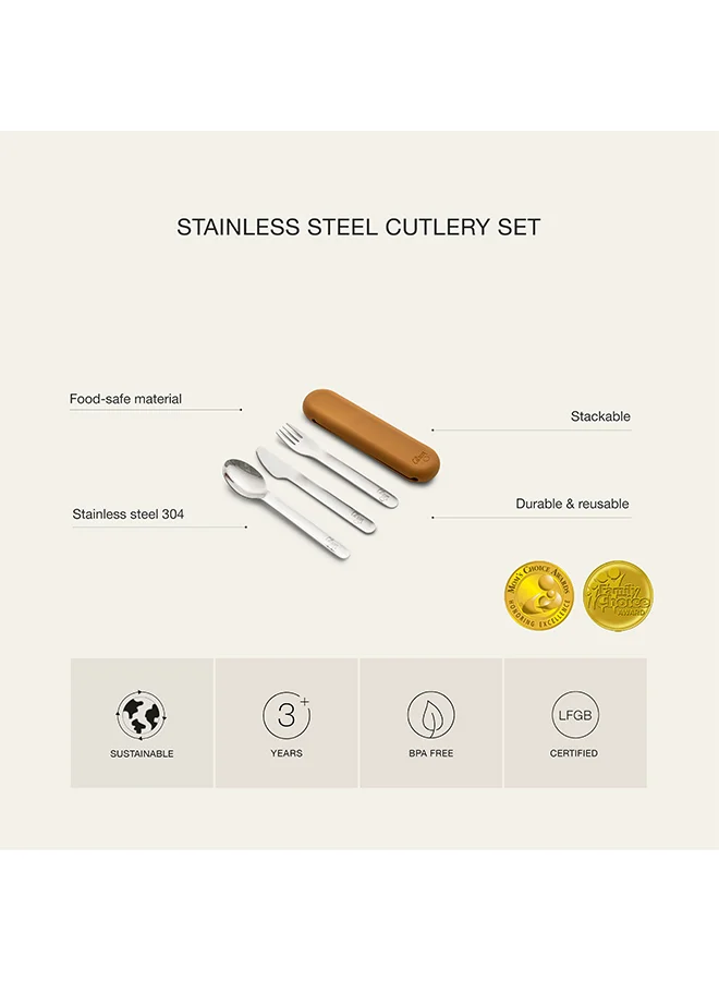 سترون Stainless Steel Cutlery Set With Pouch, Eco - Friendly Utensils For On The Go Dining - Caramel