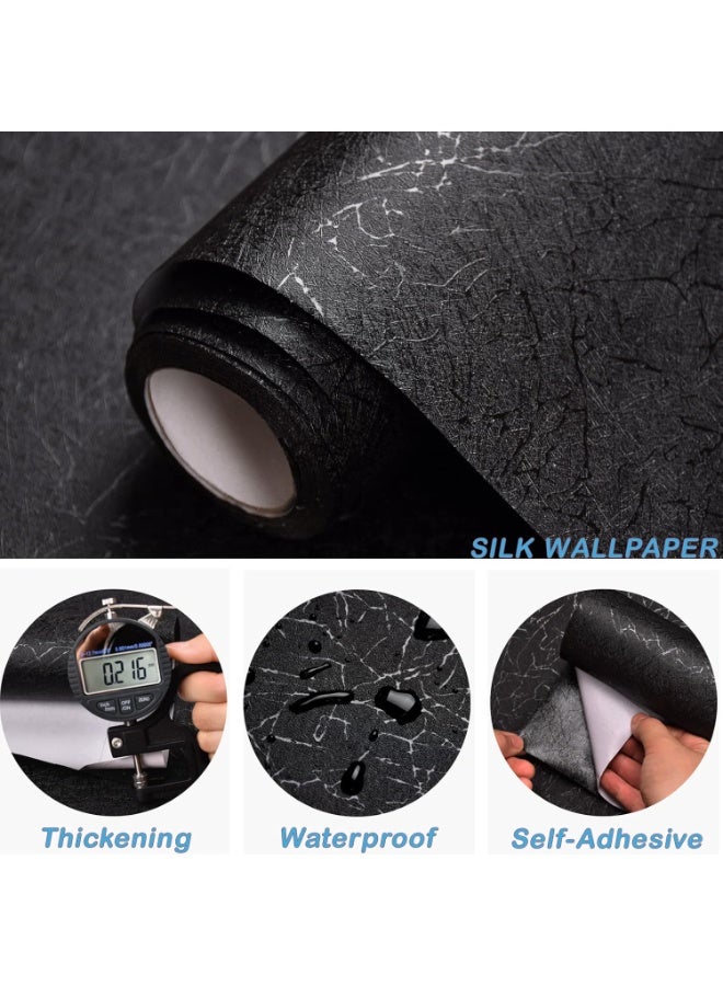 DELGREEN 1 Roll Black Silk Wallpaper Embossed Self Adhesive Peel and Stick Wallpaper Contact Paper Removable Waterproof Kitchen Vinyl Wrap Cabinet Furniture Textured Renter Friendly Wall Gift Paper（40*500cm） - Image 2