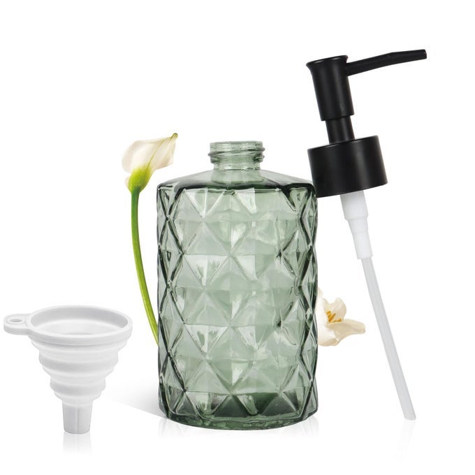 GREEN GLASS SOAP DISPENSER 11 OZ330ML LIQUID HAND LOTION DISPENSER SET FOR KITCHEN SINK AND BATHROOM DISH SOAP DISPENSER SET LOTION GLASS LOTION BOTTLES WITH BLACK PUMP ARMY GREEN