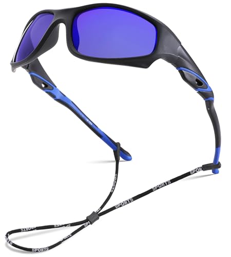 NULOOQ Kids Baseball Polarized Sunglasses – Unbreakable Flexible Youth Sports Sunglasses for Boys Girls Age 4-12 (Matte Black Frame/Blue Mirrored Lens) - Image 1