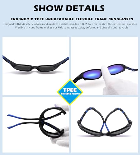 NULOOQ Kids Baseball Polarized Sunglasses – Unbreakable Flexible Youth Sports Sunglasses for Boys Girls Age 4-12 (Matte Black Frame/Blue Mirrored Lens) - Image 5