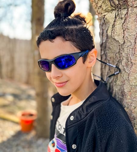 NULOOQ Kids Baseball Polarized Sunglasses – Unbreakable Flexible Youth Sports Sunglasses for Boys Girls Age 4-12 (Matte Black Frame/Blue Mirrored Lens) - Image 3