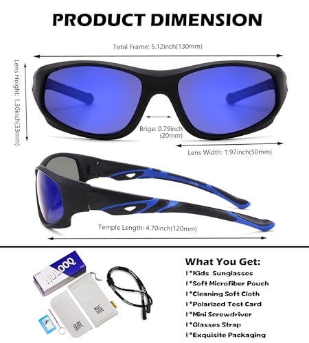NULOOQ Kids Baseball Polarized Sunglasses – Unbreakable Flexible Youth Sports Sunglasses for Boys Girls Age 4-12 (Matte Black Frame/Blue Mirrored Lens) - Image 4