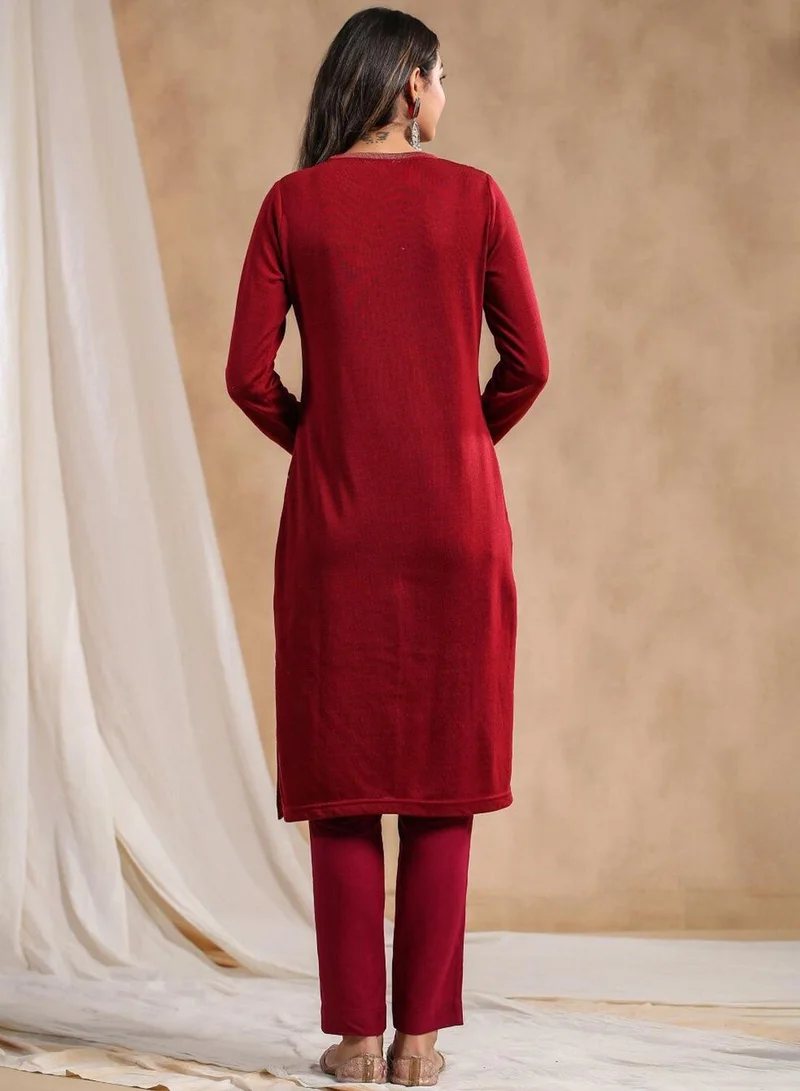 ISHIN Women's Ethnic Wear MAROON STRAIGHT 100% POLY KURTA