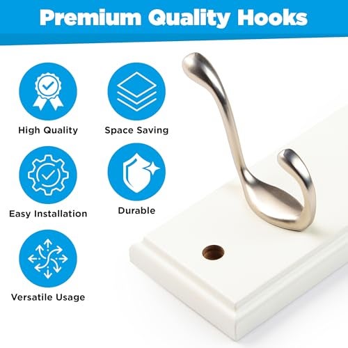 GlazieVault Coat Hooks Wall Mounted - MDF Board Nickel Hook Coat Rack(2 Pack) - Heavy Duty White -Coat Hooks for Wall Clothes Hooks and Wall Hooks - Image 4