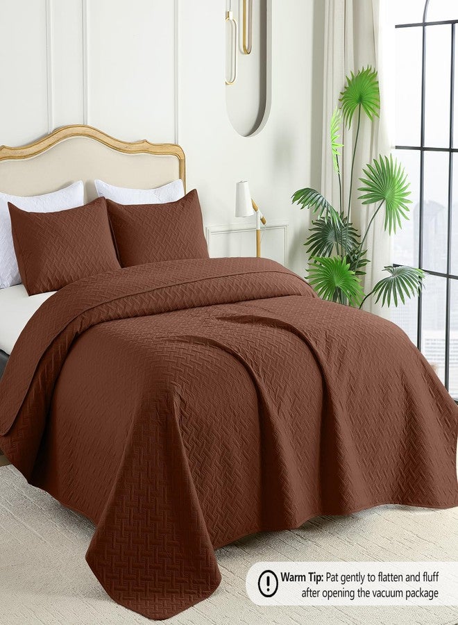 FLYMME Full/Queen Quilt Bedding Set, Brown Lightweight Microfiber Bedspread, Modern Geometric Weave Stripe Pattern, Soft Summer & All-Season Bed Coverlet, Includes 1 Quilt & 2 Shams - Image 2