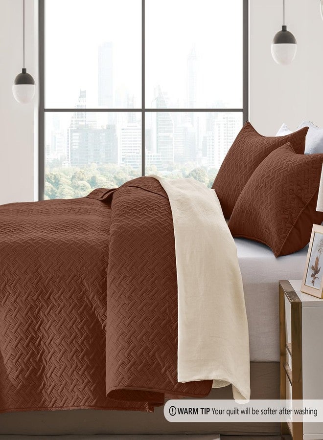 FLYMME Full/Queen Quilt Bedding Set, Brown Lightweight Microfiber Bedspread, Modern Geometric Weave Stripe Pattern, Soft Summer & All-Season Bed Coverlet, Includes 1 Quilt & 2 Shams - Image 4