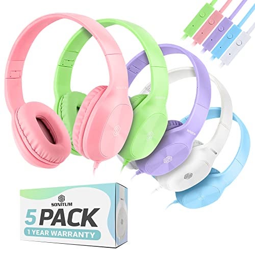 Sonitum Bulk Kids Headphones for School with Microphones - 5-Pack On-Ear 3.5mm Wired Headphones for Schools -Comfy Wired Kids Headphones with in-Line Mics – School Headphones for Kids - Image 1