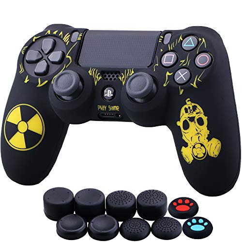 YoRHa Laser Carving Silicone Cover Skin Case for Sony PS4/slim/Pro Dualshock 4 Controller x 1(Radiation) with Thumb Grips x 10 - Image 1