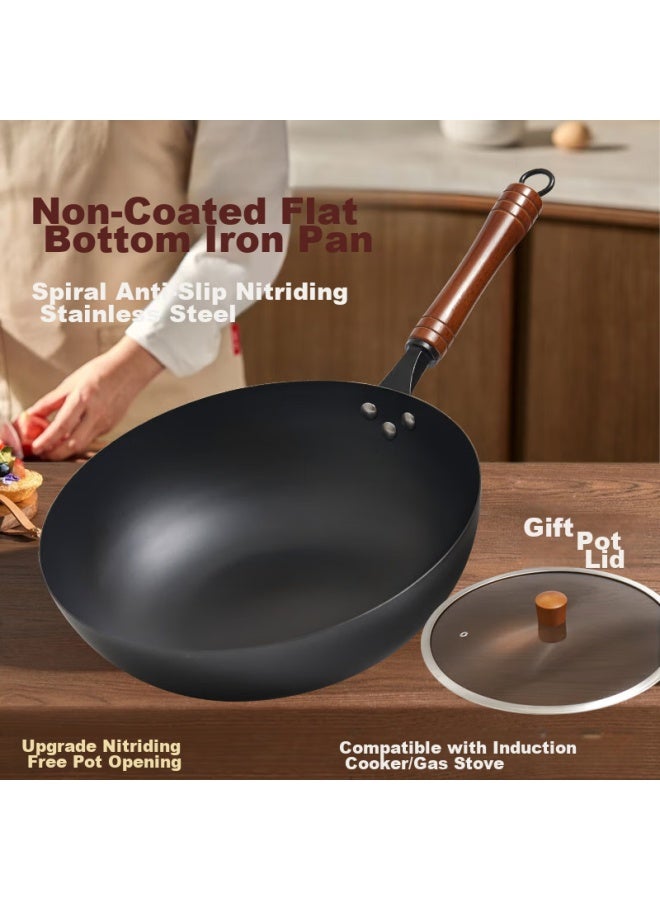 Jitiechui Flat Bottom Iron Wok, Non-stick, Traditional Cast Iron Pan, Suitable For Gas Stoves, Home Use, Uncoated, 34cm With Lid - Image 1