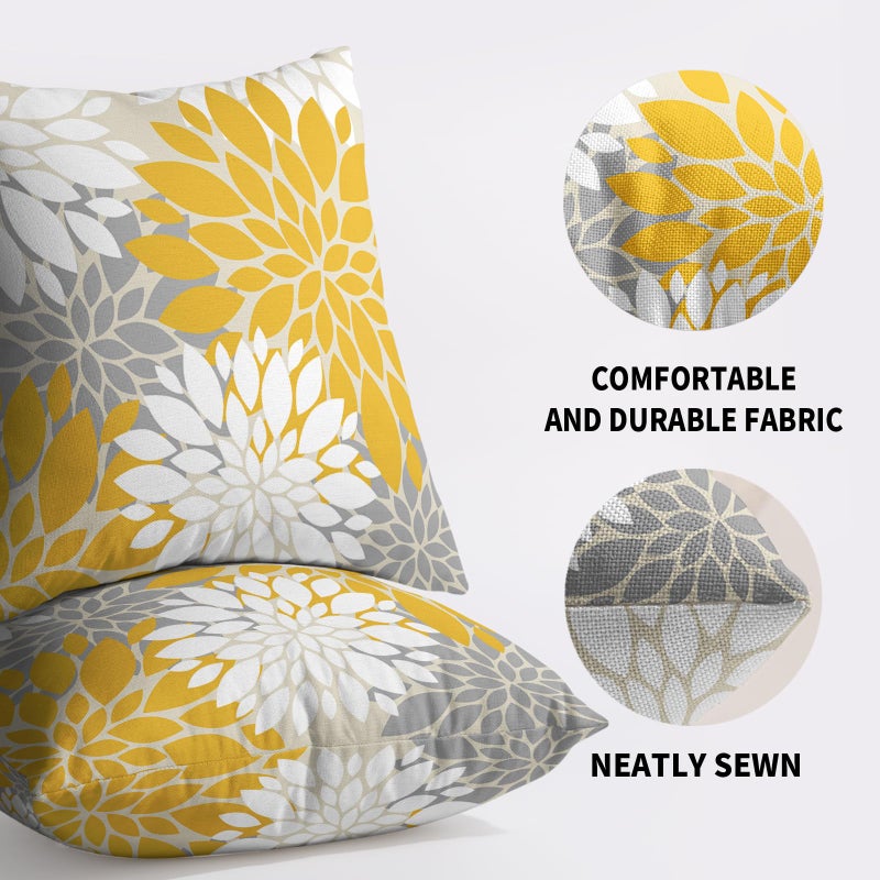 Smozenith Yellow White Grey Gray Pillow Covers 18X18 Inch Set of 2  Modern Geometry Dahlia Floral Print Decorative Throw Pillow Covers Outdoor Farmhouse Cushion Case for Home Couch Sofa Bed Decoration  - Image 5