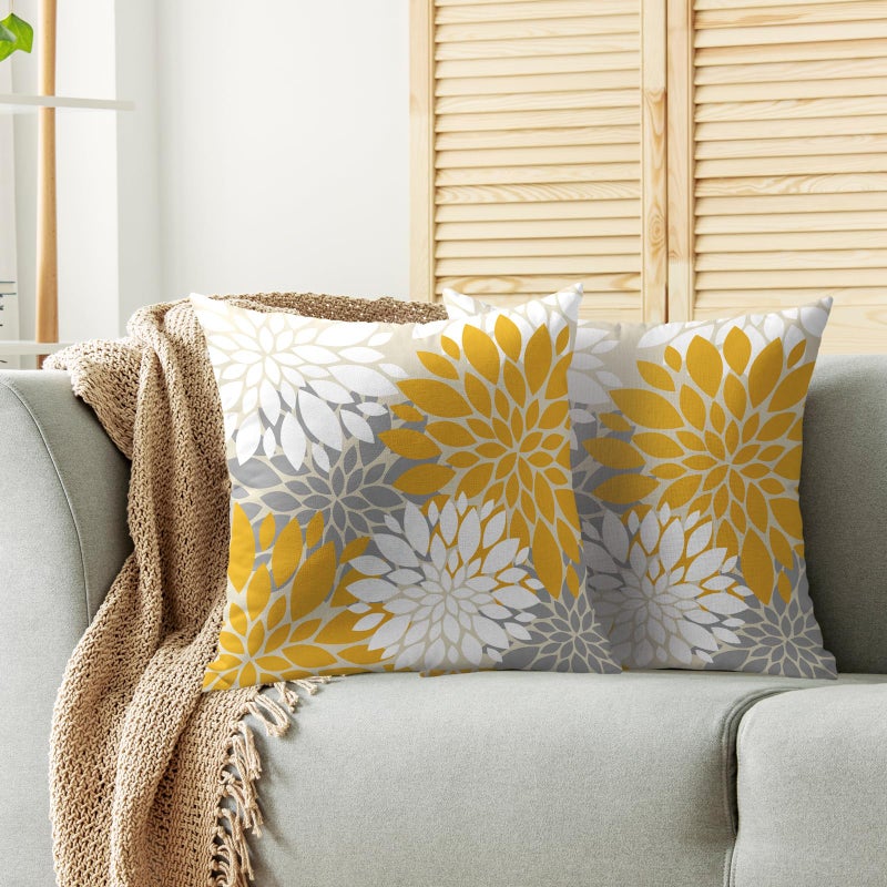 Smozenith Yellow White Grey Gray Pillow Covers 18X18 Inch Set of 2  Modern Geometry Dahlia Floral Print Decorative Throw Pillow Covers Outdoor Farmhouse Cushion Case for Home Couch Sofa Bed Decoration  - Image 2