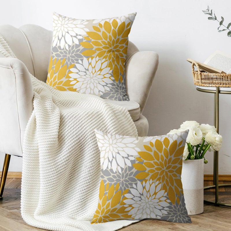 Smozenith Yellow White Grey Gray Pillow Covers 18X18 Inch Set of 2  Modern Geometry Dahlia Floral Print Decorative Throw Pillow Covers Outdoor Farmhouse Cushion Case for Home Couch Sofa Bed Decoration  - Image 3