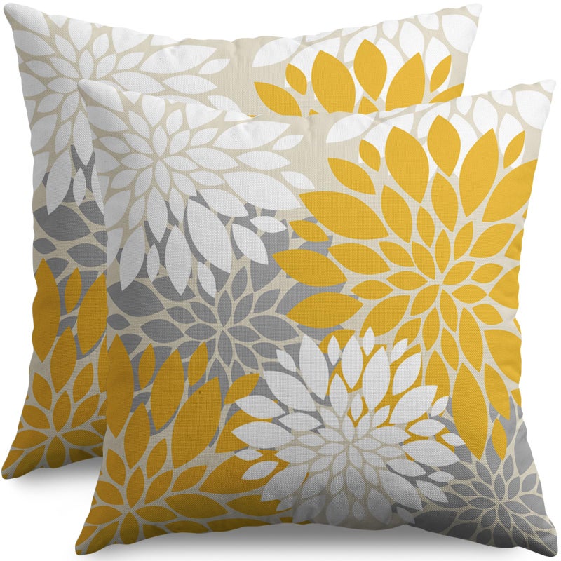 Smozenith Yellow White Grey Gray Pillow Covers 18X18 Inch Set of 2  Modern Geometry Dahlia Floral Print Decorative Throw Pillow Covers Outdoor Farmhouse Cushion Case for Home Couch Sofa Bed Decoration  - Image 1