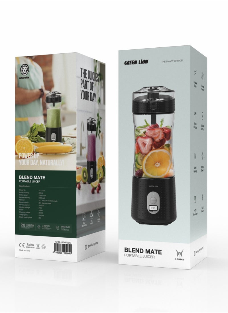 GREEN LION Blend Mate Portable Juicer 380ml Capacity / Self Cleaning / BPA Free / Portable Design / 6-Blades Powerful / Type-C Charging / High Battery Capacity / Strong Power / PCTG Food Grade - Black  - Image 3