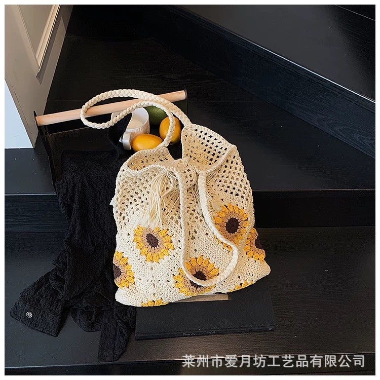 Casual Shoulder Bag Sunflower Knitted Tote Bag Summer Seaside Beach Bag Large Capacity Fashionable Cotton Woven Bag - Image 1