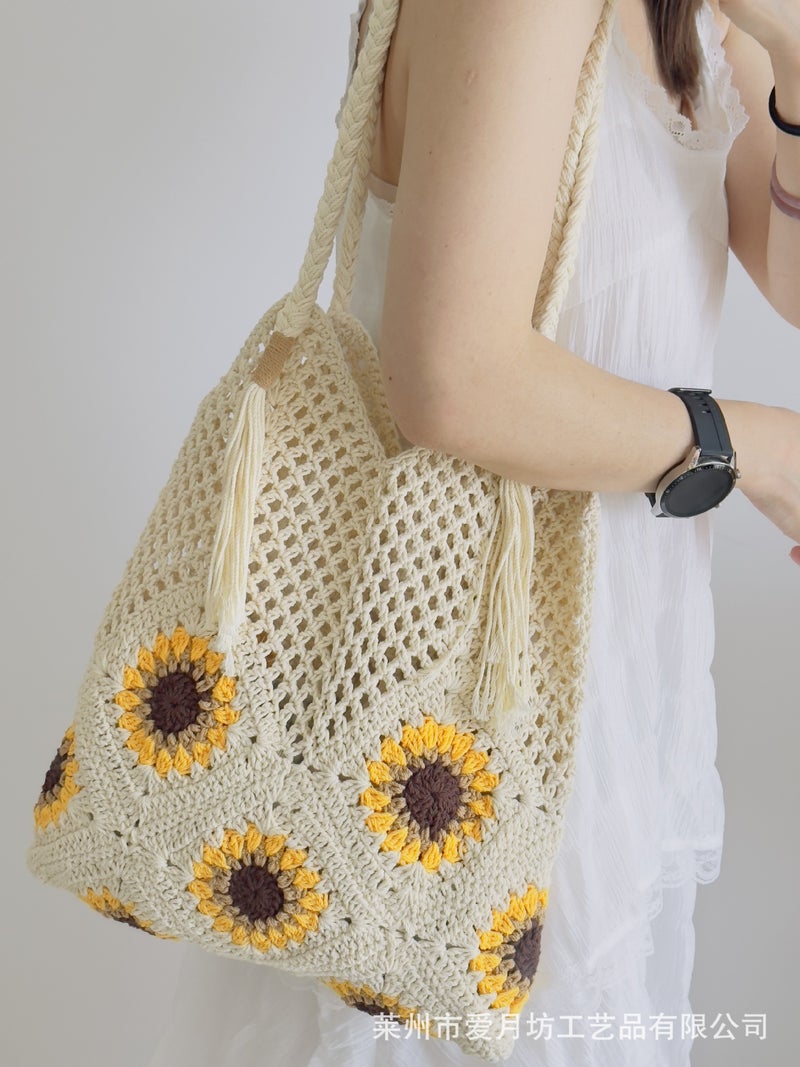 Casual Shoulder Bag Sunflower Knitted Tote Bag Summer Seaside Beach Bag Large Capacity Fashionable Cotton Woven Bag - Image 2