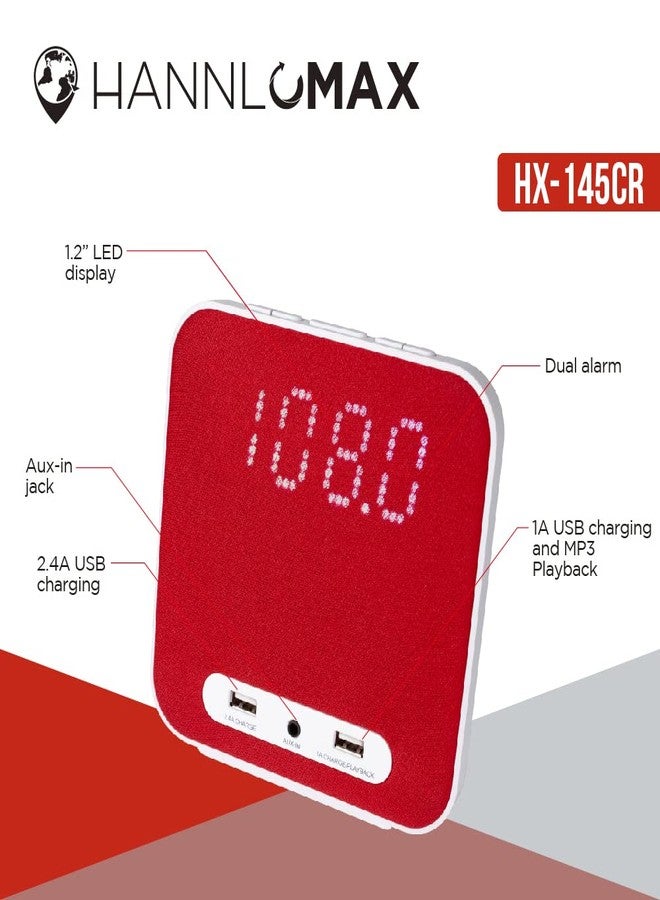 راديو منبه هانلوماكس HX-145CR، راديو FM بتقنية PLL، ساعة رقمية مع منبه مزدوج، منفذي USB للشحن بقدرة 2.4 أمبير و1 أمبير، مدخل AUX، يعمل بالتيار المتردد فقط. (أحمر) - Image 4