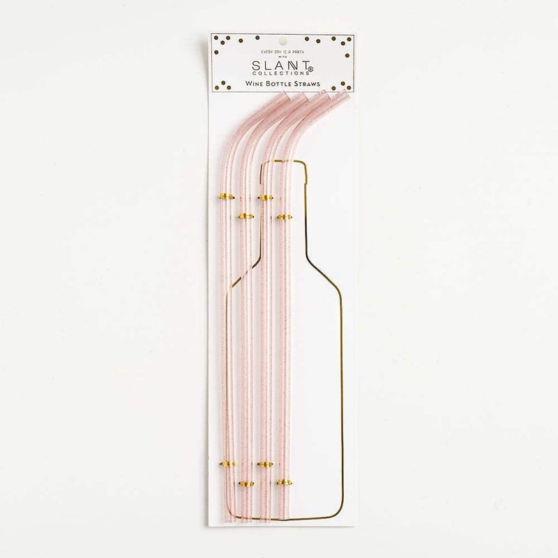 Slant Collections Tall Wine Bottle Straws BPAFree Acrylic Washable Reusable Straws 4Count 15Inches Tall Light Pink Glitter Gold