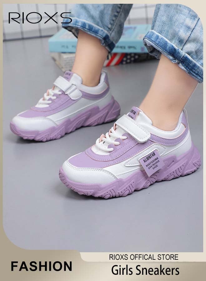RIOXS Toddler Kids Girls Sneakers Breathable Lightweight Running Sports Shoes with Leather Upper Easy to Wipe Fashion Athletic Casual Shoes for School Casual Wear - Image 1