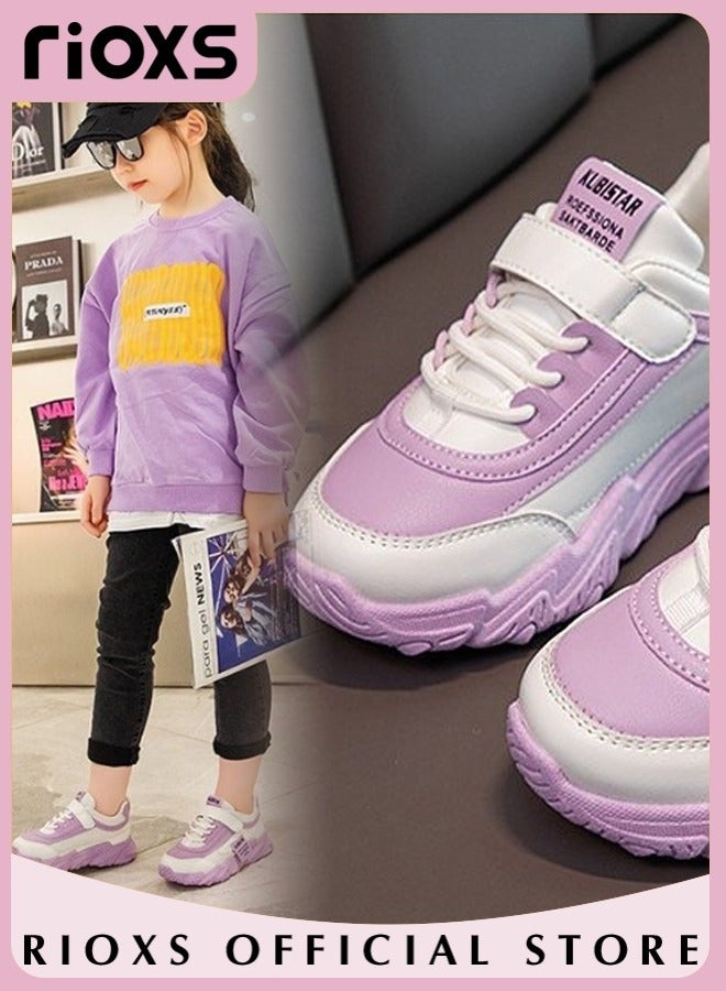 RIOXS Toddler Kids Girls Sneakers Breathable Lightweight Running Sports Shoes with Leather Upper Easy to Wipe Fashion Athletic Casual Shoes for School Casual Wear - Image 3