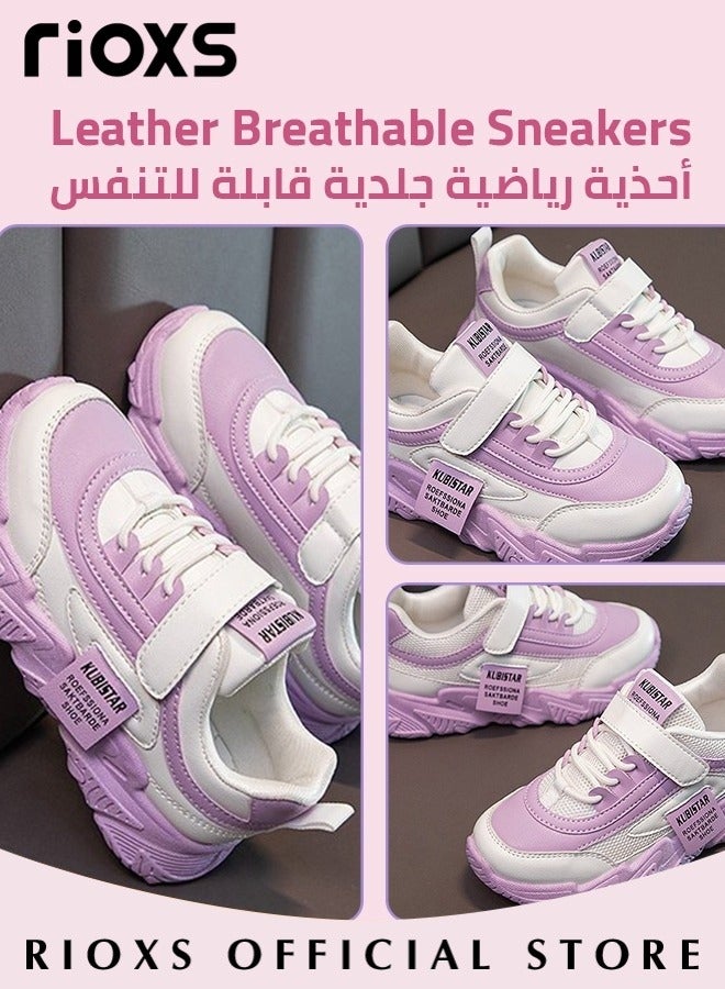RIOXS Toddler Kids Girls Sneakers Breathable Lightweight Running Sports Shoes with Leather Upper Easy to Wipe Fashion Athletic Casual Shoes for School Casual Wear - Image 4