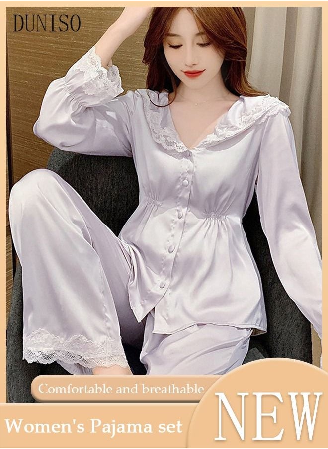 DUNISO - 2-piece Women' s Pajama Sets Silk Satin Sleepwear Elegant Loungewear Nightwear with Lace French Court Style Long Sleeve Shirt and Waist Elastic Pants Pajama Set for Women Grils Ladies - Image 1