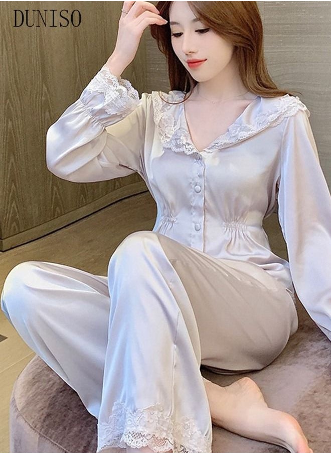 DUNISO - 2-piece Women' s Pajama Sets Silk Satin Sleepwear Elegant Loungewear Nightwear with Lace French Court Style Long Sleeve Shirt and Waist Elastic Pants Pajama Set for Women Grils Ladies - Image 1