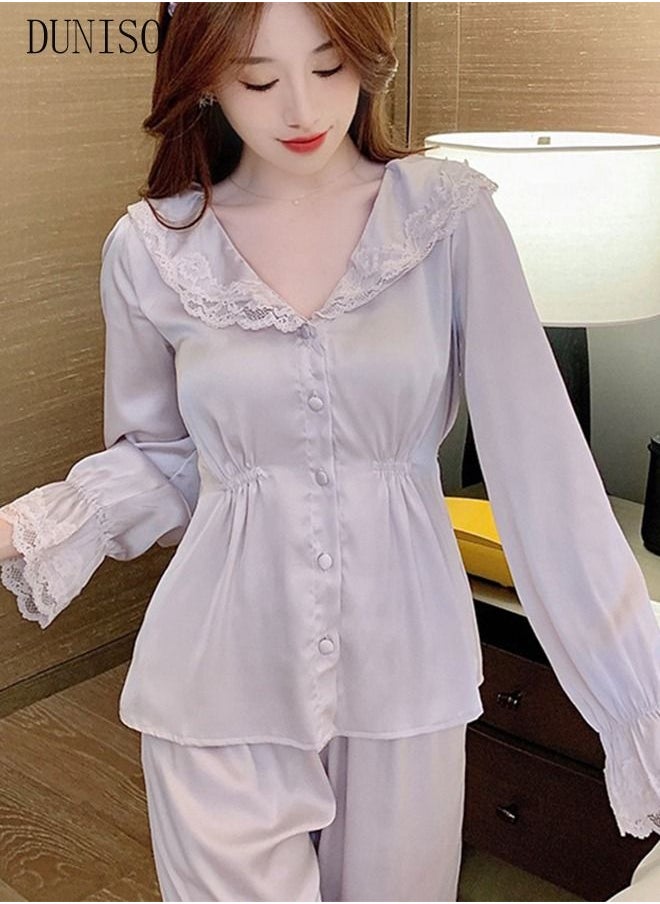 DUNISO - 2-piece Women' s Pajama Sets Silk Satin Sleepwear Elegant Loungewear Nightwear with Lace French Court Style Long Sleeve Shirt and Waist Elastic Pants Pajama Set for Women Grils Ladies - Image 1