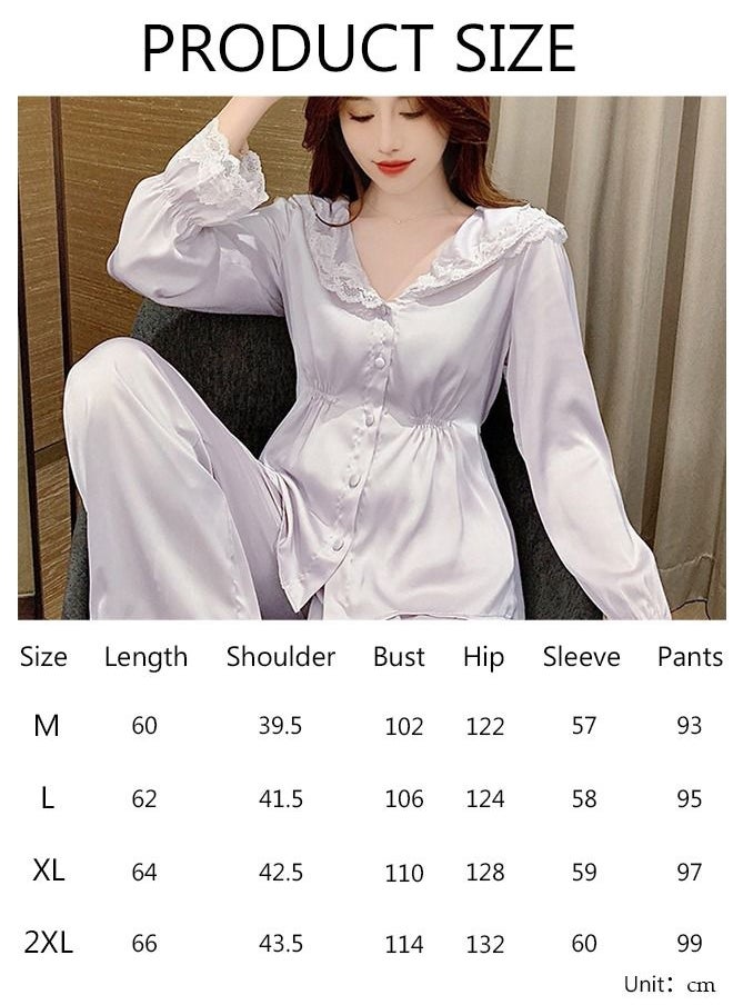 DUNISO - 2-piece Women' s Pajama Sets Silk Satin Sleepwear Elegant Loungewear Nightwear with Lace French Court Style Long Sleeve Shirt and Waist Elastic Pants Pajama Set for Women Grils Ladies - Image 1