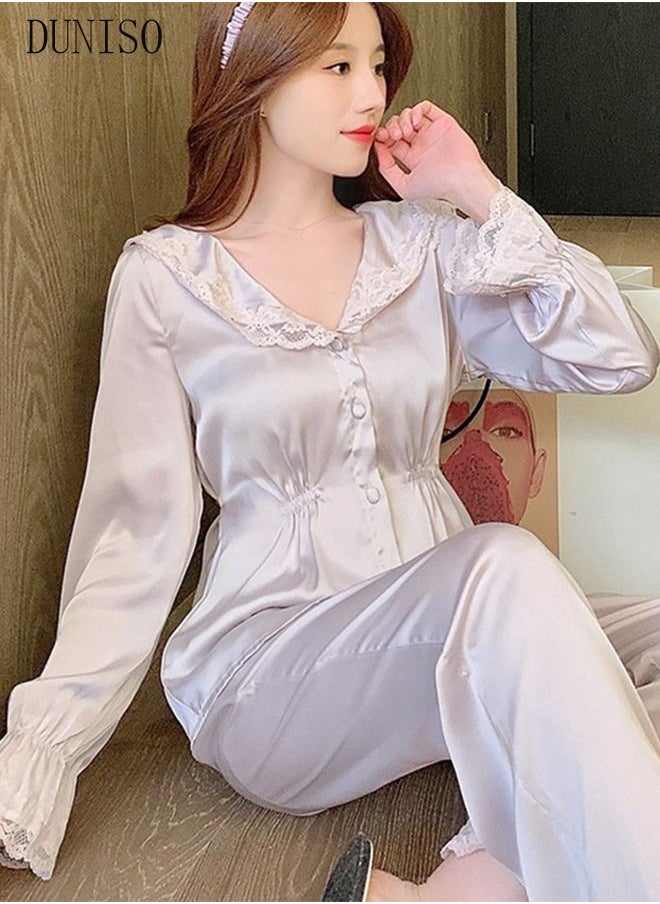 DUNISO - 2-piece Women' s Pajama Sets Silk Satin Sleepwear Elegant Loungewear Nightwear with Lace French Court Style Long Sleeve Shirt and Waist Elastic Pants Pajama Set for Women Grils Ladies - Image 1