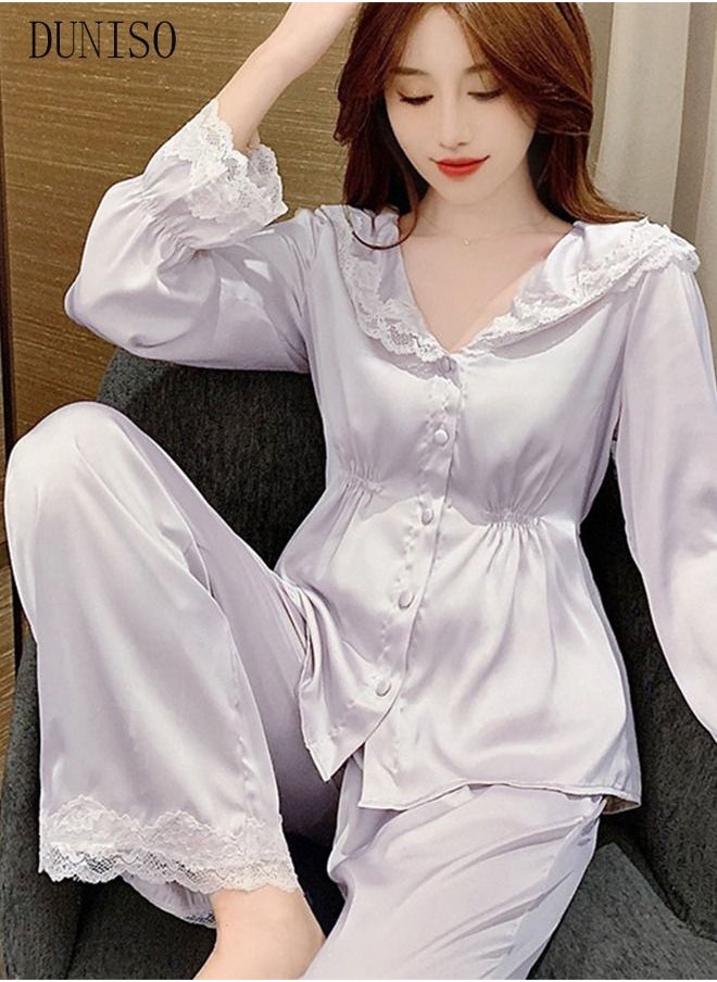 DUNISO - 2-piece Women' s Pajama Sets Silk Satin Sleepwear Elegant Loungewear Nightwear with Lace French Court Style Long Sleeve Shirt and Waist Elastic Pants Pajama Set for Women Grils Ladies - Image 1