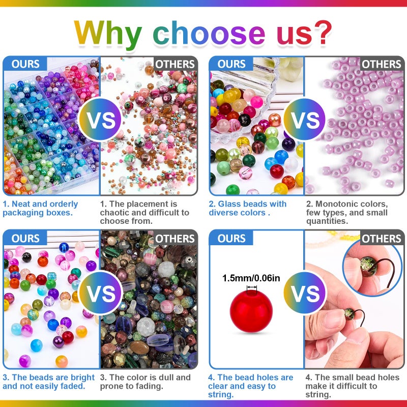 XSEINO About 1200PCS 6mm Glass Beads Bracelet Making Set, 144 Color Colorful Round Style Glass Beads for Bracelet and Jewelry Making and DIY Crafts,Friendship Bracelets - Image 5