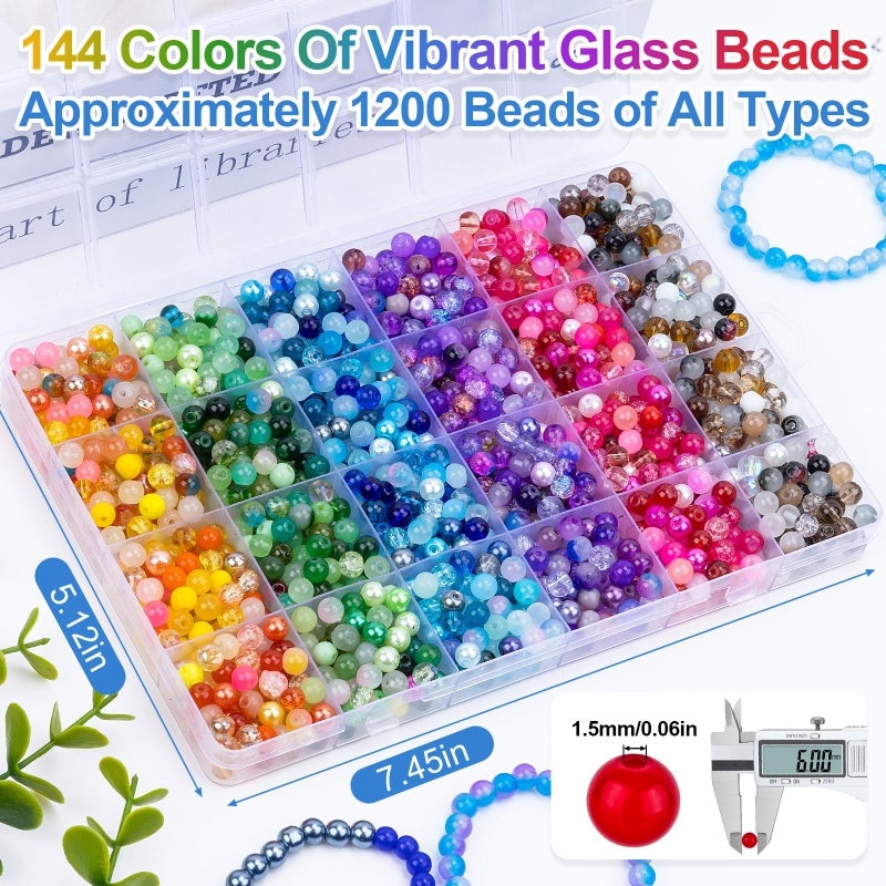 XSEINO About 1200PCS 6mm Glass Beads Bracelet Making Set, 144 Color Colorful Round Style Glass Beads for Bracelet and Jewelry Making and DIY Crafts,Friendship Bracelets - Image 4