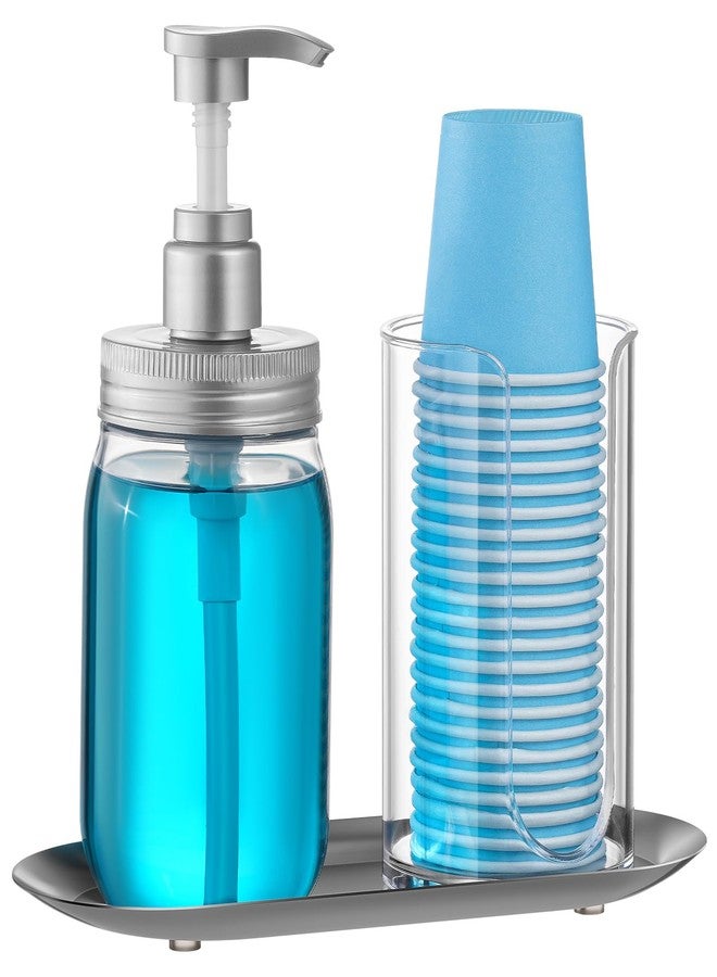 VITVITI موزع غسول الفم VITVITI للحمام، زجاجة غسول فم بمضخة مع حامل أكواب ورقية، عبوة بلاستيكية شفافة قابلة لإعادة التعبئة سعة 15.2 أونصة مع صينية من الفولاذ المقاوم للصدأ - Image 1