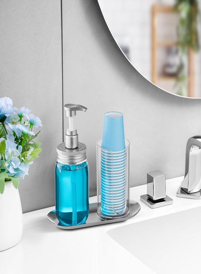 VITVITI موزع غسول الفم VITVITI للحمام، زجاجة غسول فم بمضخة مع حامل أكواب ورقية، عبوة بلاستيكية شفافة قابلة لإعادة التعبئة سعة 15.2 أونصة مع صينية من الفولاذ المقاوم للصدأ - Image 3