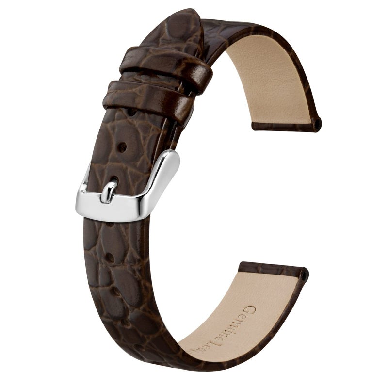 BISONSTRAP Watch Straps for Women, Crocodile Pattern Leather Thin Watch Replacement Bands,10mm, Brown with Silver Buckle - Image 1