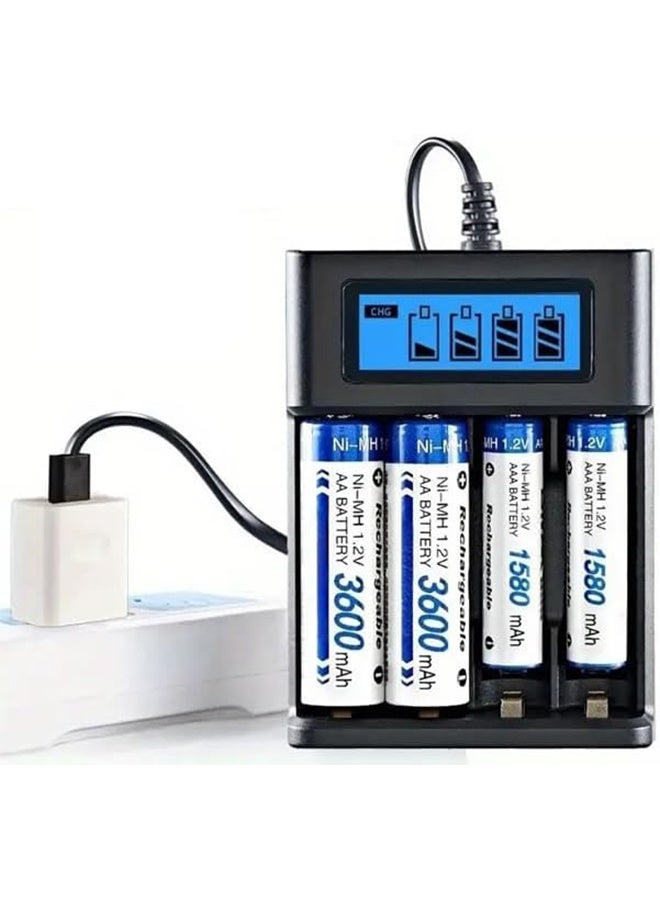 Mini USB AA AAA Battery Charger, 4 Bay, High-Speed Charging, Independent Slots, LCD Display, for Ni-MH Ni-CD Rechargeable Batteries