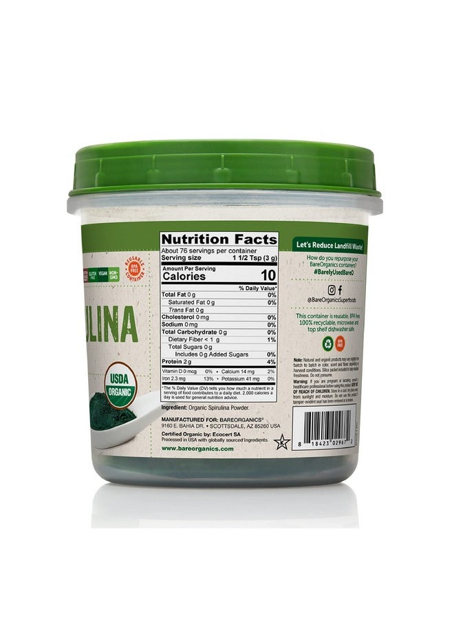 Bareorganics - 13132 Usda Organic Raw Spirulina Powder Whole Food Supplement Glutenfree & Nongmo 8 Ounce - Image 1