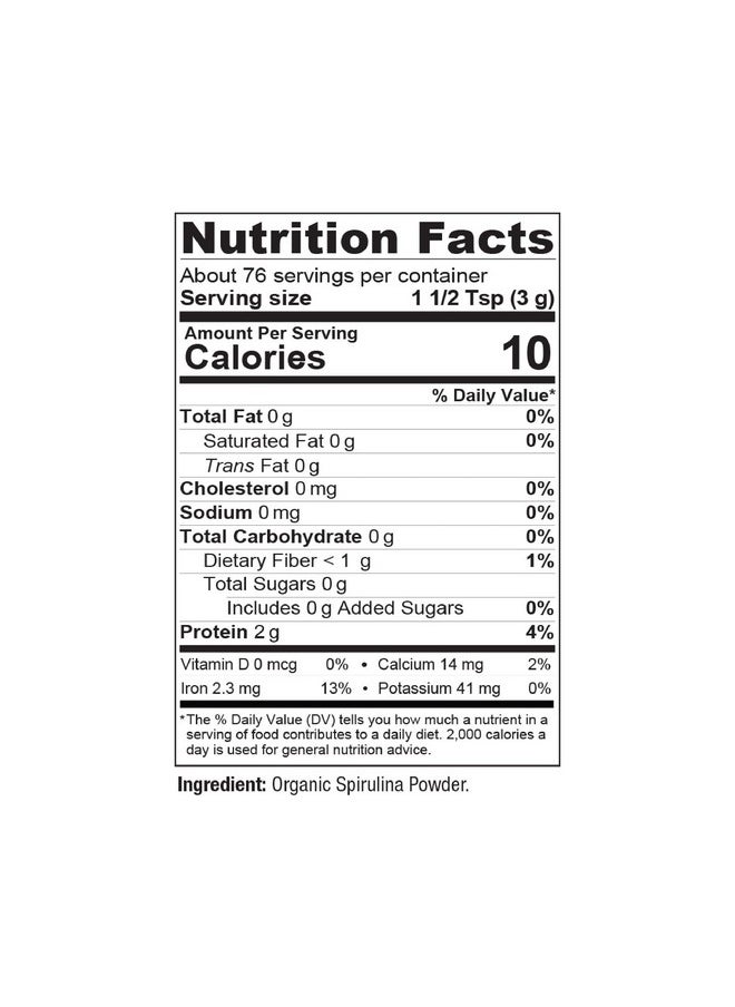Bareorganics - 13132 Usda Organic Raw Spirulina Powder Whole Food Supplement Glutenfree & Nongmo 8 Ounce - Image 1