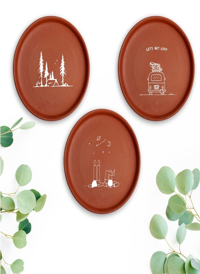 Almiro Tree 8 inches Terracotta Wall Plates Minimalist Illustration set of 3 | Wall Decoration Item For living Room, Meditation Space, and Office Space, etc. | Gift Item (Travellers Set) - Image 1