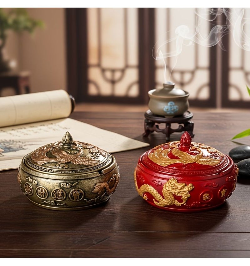 Brass Decorative Ashtray With Phoenix And Dragon Design Windproof For Indoor Outdoor Use - Image 1