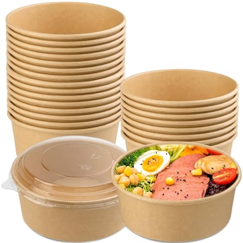 Aakriti Round Paper Food Containers Box with Lids, Disposable Soup Bowls for Hot/Cold Foods, Party Supplies for Soup, Salad, Dessert, Pasta, Noodles, Takeout (Brown-10PCS, Medium -750 Ml) - Image 1