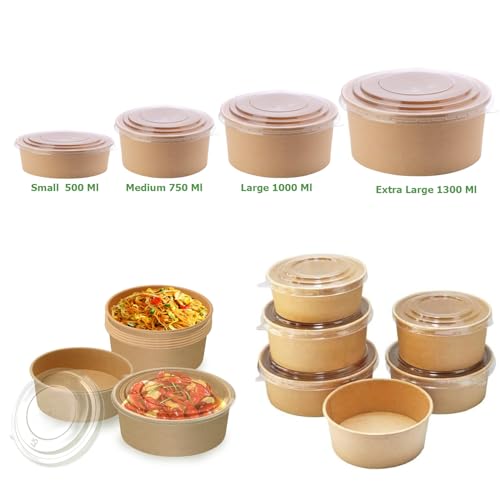 Aakriti Round Paper Food Containers Box with Lids, Disposable Soup Bowls for Hot/Cold Foods, Party Supplies for Soup, Salad, Dessert, Pasta, Noodles, Takeout (Brown-10PCS, Medium -750 Ml) - Image 4