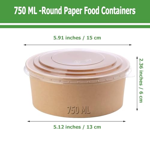 Aakriti Round Paper Food Containers Box with Lids, Disposable Soup Bowls for Hot/Cold Foods, Party Supplies for Soup, Salad, Dessert, Pasta, Noodles, Takeout (Brown-10PCS, Medium -750 Ml) - Image 2